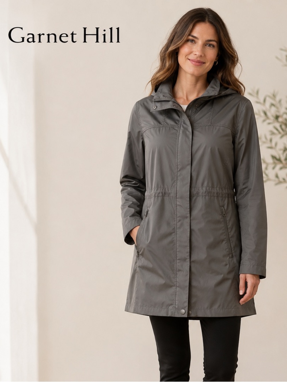 Garnet Hill Hooded Packable Trench Coat in Gray